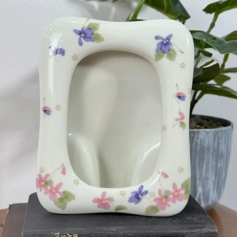 Vintage Small Picture Frame White With Pink Flowers Japan Fred Roberts Pocket
